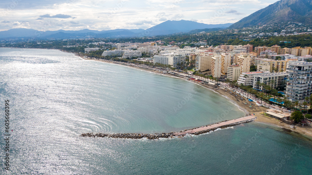 Obraz premium Fuengirola Spain, Aerial view on Coast of sea and buildings. Drone photo of coastal town