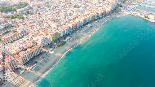 Fuengirola Spain, Aerial view on Coast of sea and buildings. Drone photo of coastal town