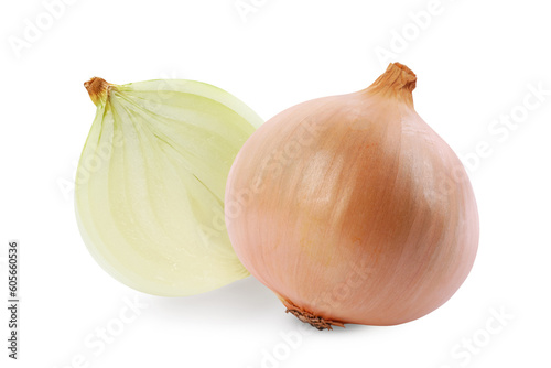 Whole and cut onion bulbs isolated on white