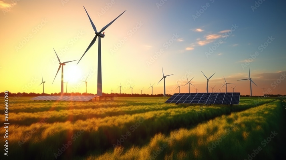 wind turbine and solar panels, ai generative wind turbine and solar panels, ai generative