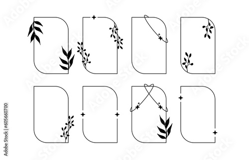 Aesthetic line frame decorated with leaves and tree branches. Trendy minimal border