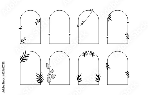 Aesthetic line frame decorated with leaves and tree branches. Trendy minimal border