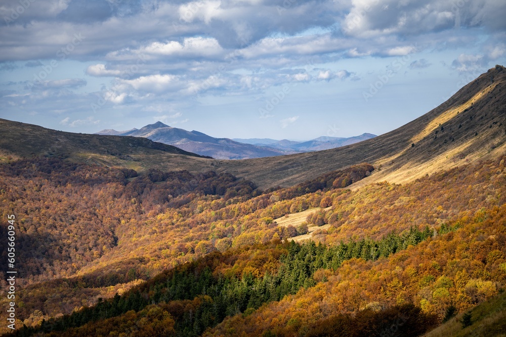 Drone shot of hills covered with autumn forests, cool for background