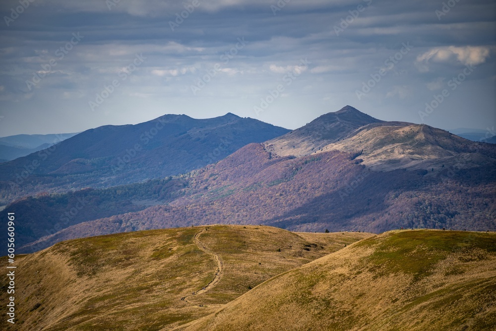 Fototapeta premium Drone shot of hills covered with autumn forests, cool for background