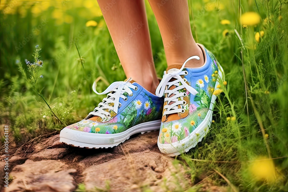 Close-up of feet with sneakers with a bright cheerful pattern of summer flowers on a meadow, made with generative ai