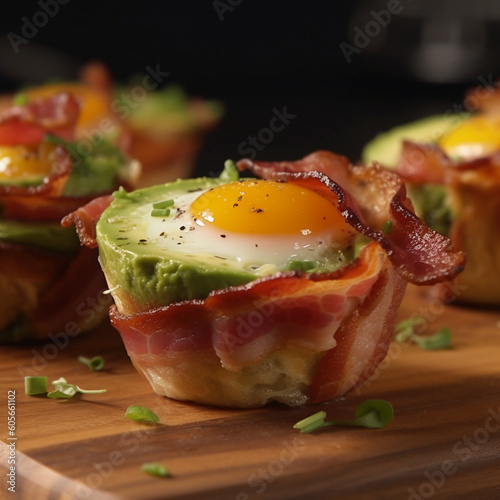 Keto Avocado and Bacon Egg Muffins. Keto Meal, low carb recipe, diet food. Recipe with egg, avocado, Bacon, Generative AI