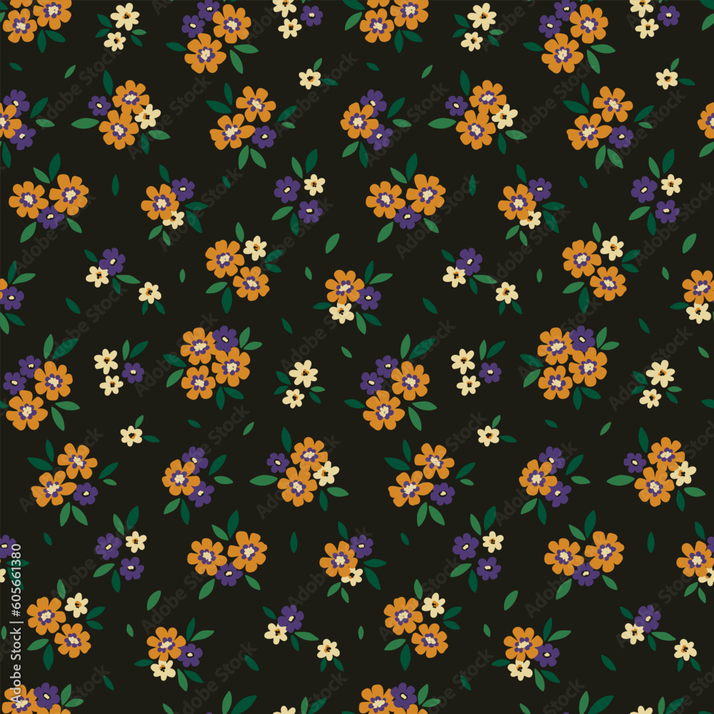 Seamless floral pattern, liberty ditsy print with tiny hand drawn plants. Rustic botanical fabric or paper design: small cute flowers, leaves, pretty bouquets on a dark background. Vector illustration Seamless floral pattern, liberty ditsy print with tiny hand drawn plants. Rustic botanical fabric or paper design: small cute flowers, leaves, pretty bouquets on a dark background. Vector illustration
