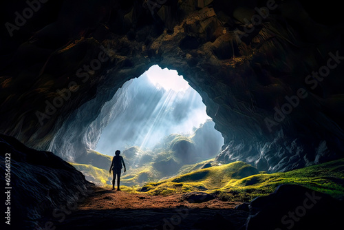 Back view of a person looking out of the entrance of a dark cave at the sunbeams of the landscape at the cave entrance, made with generative ai