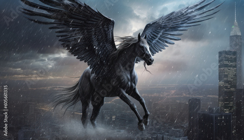 A black ashen horse with wings, a Pegasus in sparks of fire flies over a gray city shrouded in war. Generative AI