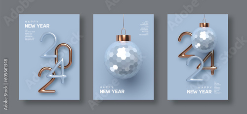 2024 New Year greeting cards, flyers, posters. 3d metallic golden or copper with blue numbers and glossy ball on blue background. Gold realistic 2024. Vector illustration.