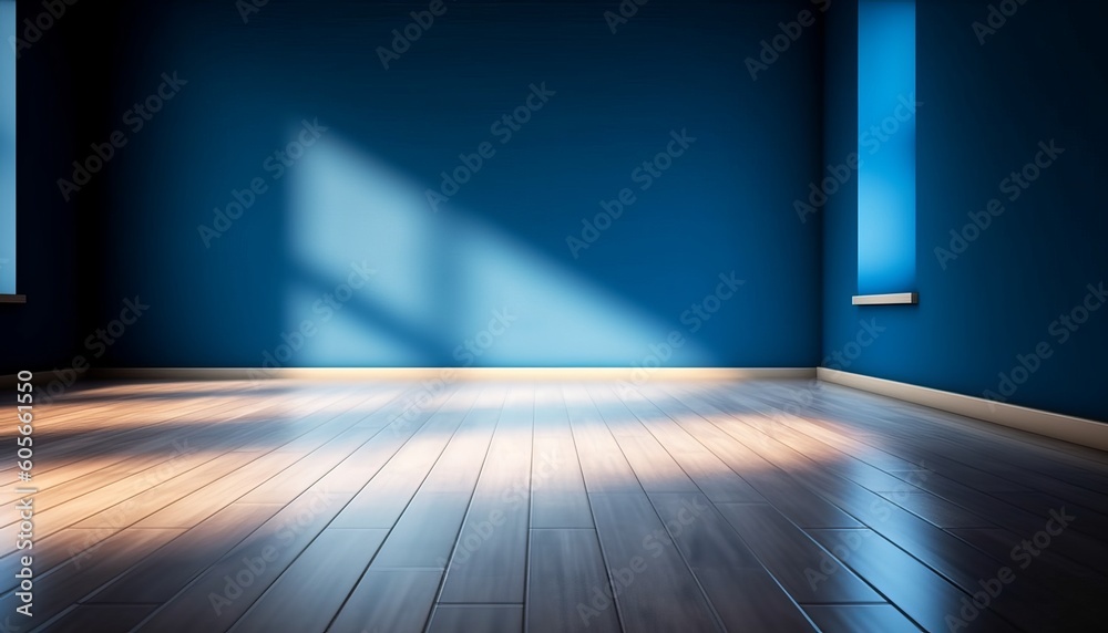 Blue empty wall and wooden floor with interesting light glare. Interior background for the