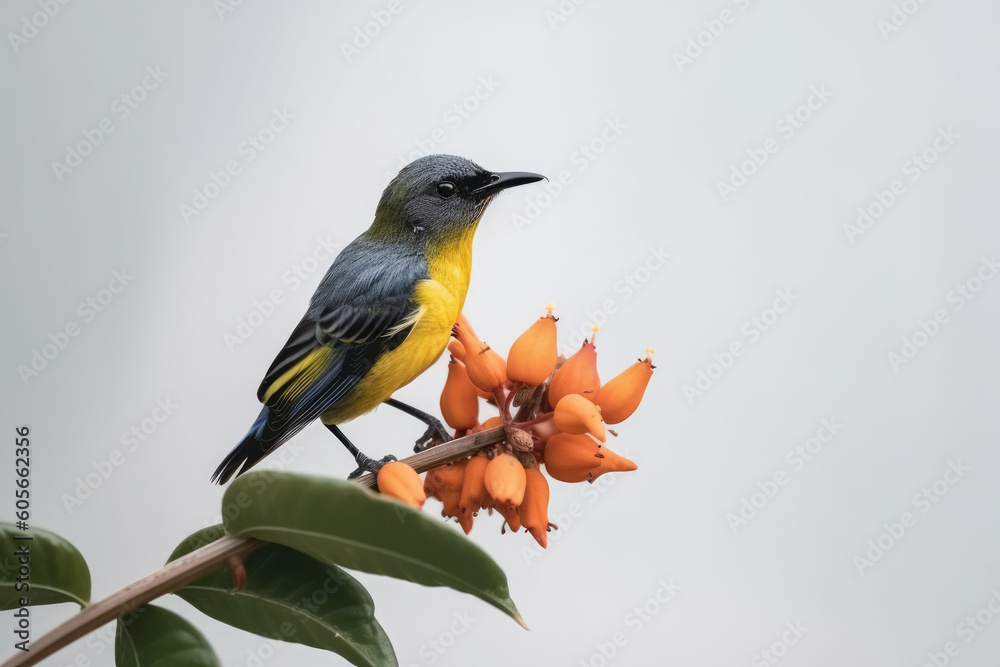 Fototapeta premium Orange bellied flowerpecker, Dicaeum trigonostigma on branch, Generative ai