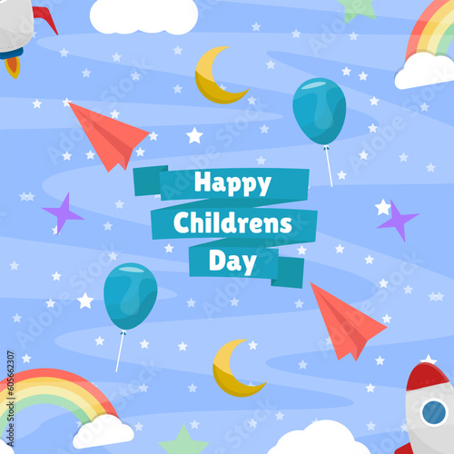 Happy childrens day with flat design rocket, rainbow, and balloon on blue background. Vector illustration