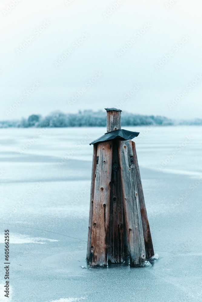 Fototapeta premium Vertical shot of a wooden post stuck in the ice