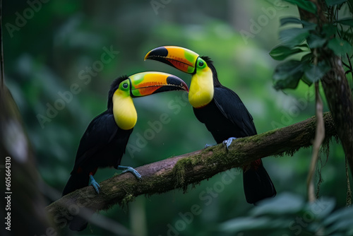 Toucans sitting on the branch in the forest  Generative ai
