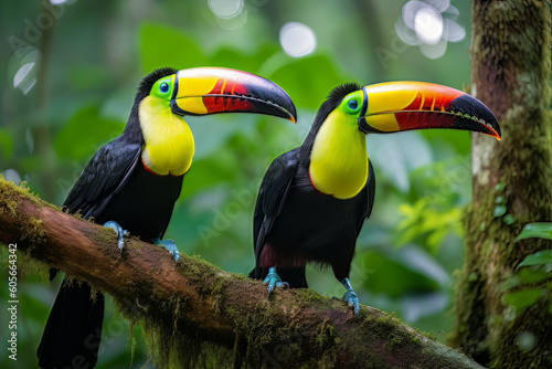 Toucans sitting on the branch in the forest, Generative ai