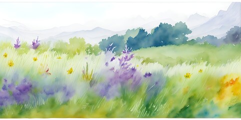Acrylglasbilder Pistache Watercolor landscape with flowers on a background of mountains.  © Andreas