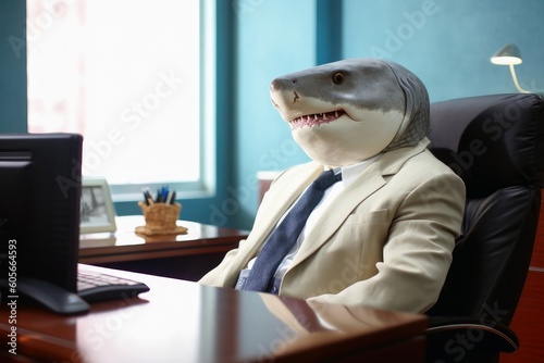 A white shark sitting in an office wearing a business suit created with generative AI technology.