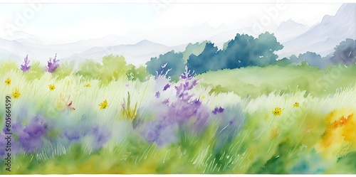 Watercolor landscape with flowers on a background of mountains. © Andreas