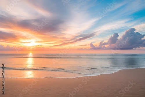 朝焼けの美しい彩雲と浜辺の風景