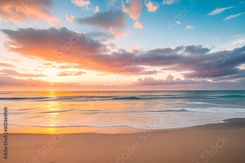 朝焼けの美しい彩雲と浜辺の風景