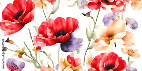 Painted colored poppies on a white background.