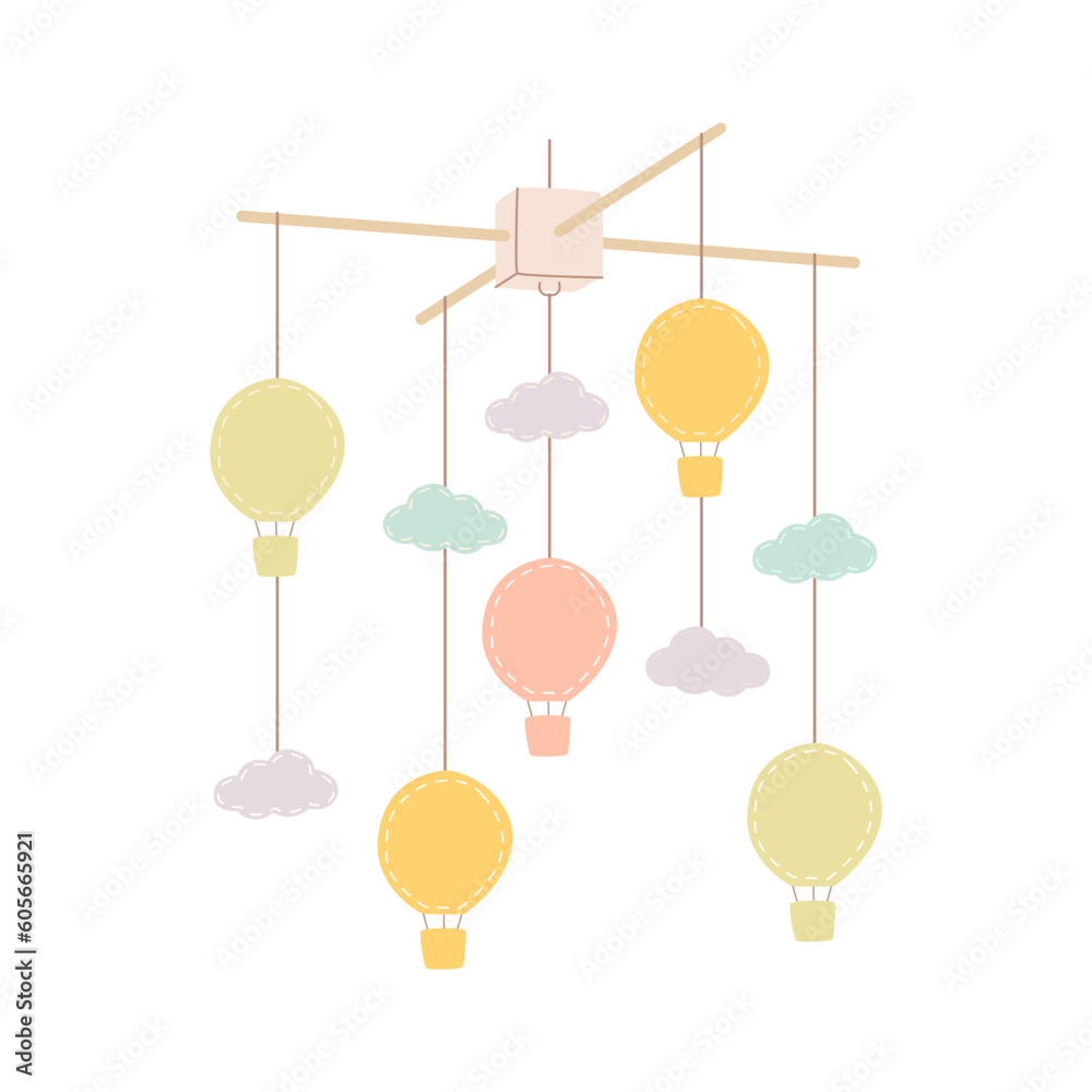 Flat vector illustration of a baby mobile. A rotating hanging accessory for a baby cot. A hanging toy with balloons and clouds. Flat vector illustration of a baby mobile. A rotating hanging accessory for a baby cot. A hanging toy with balloons and clouds.