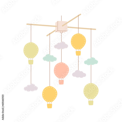 Flat vector illustration of a baby mobile. A rotating hanging accessory for a baby cot. A hanging toy with balloons and clouds.