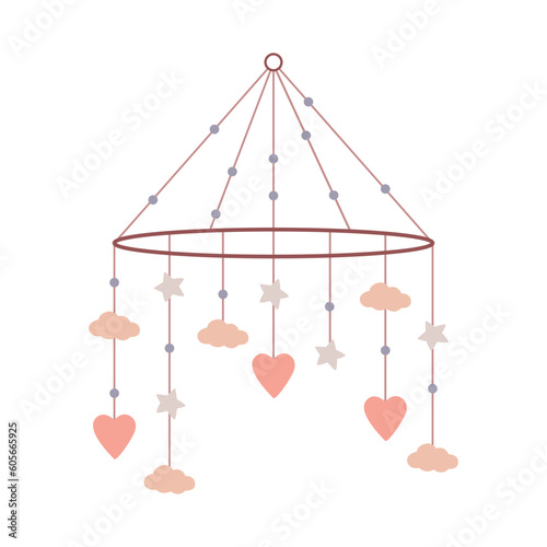 Flat vector illustration of a baby mobile. A rotating hanging accessory for a baby cot. A hanging toy with stars, clouds and a hearts.