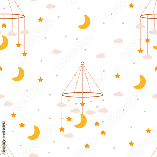 Flat vector seamless pattern baby lullaby mobile. A rotating hanging accessory for a baby cot. A hanging toy with stars, clouds, crescents.