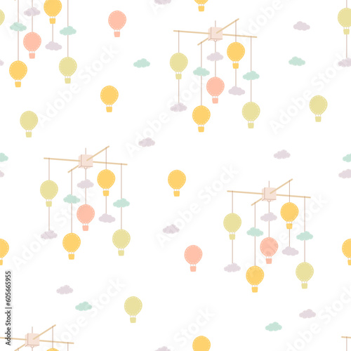 Flat vector seamless pattern baby lullaby mobile. A rotating hanging accessory for a baby cot. A hanging toy with balloons and clouds.