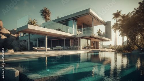 Modern flat roof house  and panoramic windows, with a pool by the sea. Palm trees in the background. © House