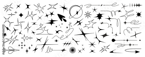 Futuristic brutalist logo with geometric shapes, arrows, and bursts influenced by Y2K. A galaxy of figures and crosses add energy for a cutting-edge brand