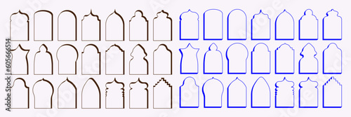 Vector set in Y2k style with Arabic style arches, religious objects, geometric shapes and boho style borders. Ideal for social media, posters and graphic design.