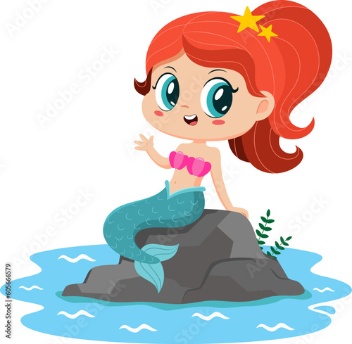 Cute Little Mermaid Girl Cartoon Character Sitting On A Rock And Waving. Vector Illustration Flat Design Isolated On Transparent Background