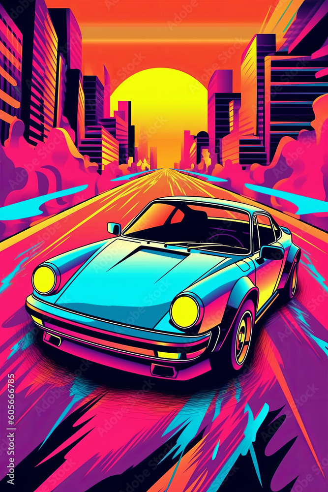 A vector illustration of a retro sports car with bold lines, vibrant colors, and a futuristic aesthetic, representing the iconic cars of the 80s. Generative AI