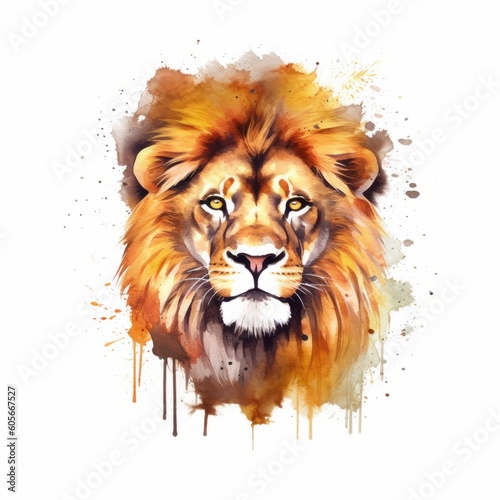 Strong wildlife safari animal illustration - Watercolor painting of lion head, design for logo or t shirt, isolated on white background (Generative Ai) © Corri Seizinger