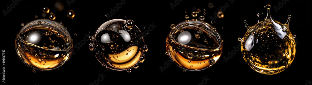 Oil drops splash. Realistic liquid bubbles with droplets. AI generative falling oil drops with splashing gold liquid