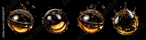 Oil drops splash. Realistic liquid bubbles with droplets. AI generative falling oil drops with splashing gold liquid photo