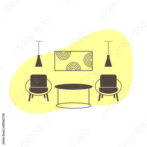 Interior of modern living room with furniture, coffee table, amchairs and lamps. Vector icon. Furniture icon. Interior icon