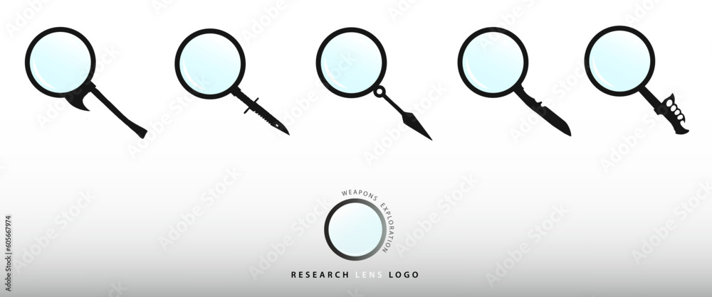 Set of icons in the shape of a magnifying glass. Modern symbol with knife handle. Custom graphic design, weapons and knives template, logo or button for applications and websites. Virtual exploration. Set of icons in the shape of a magnifying glass. Modern symbol with knife handle. Custom graphic design, weapons and knives template, logo or button for applications and websites. Virtual exploration.