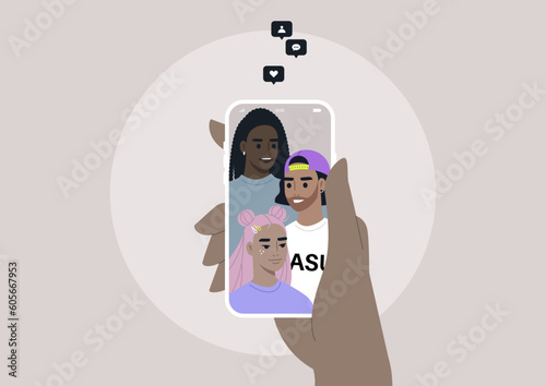 Viral social media content, a selfie portrait of a diverse group of  friends, young characters handing out together, likes, shares and comments popping out