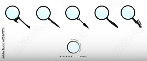 Set of icons in the shape of a magnifying glass. Modern symbol with knife handle. Custom graphic design, weapons and knives template, logo or button for applications and websites. Virtual exploration.