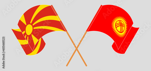 Crossed and waving flags of North Macedonia and Kyrgyzstan