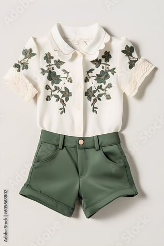 Feminine Bebe Kids Ensemble: Off-White Blouse Set with Raised Embroidery and Floral Shorts