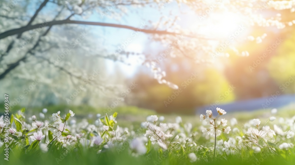 Experience a gorgeous spring scene, a blooming glade, trees, and a clear blue sky, all beautifully blurred. A charming spectacle, conceived by AI. Experience a gorgeous spring scene, a blooming glade, trees, and a clear blue sky, all beautifully blurred. A charming spectacle, conceived by AI.