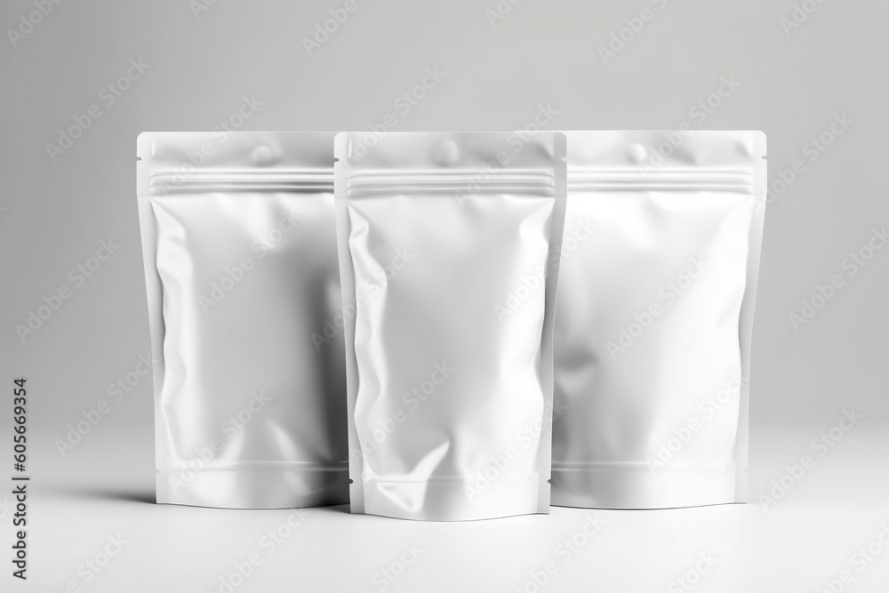 White Ziplock plastic bag mockup for storing coffee, candy, nuts, and spices, generative AI White Ziplock plastic bag mockup for storing coffee, candy, nuts, and spices, generative AI