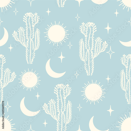 Seamless pattern vector summer cactus on desert with heavenly elements.