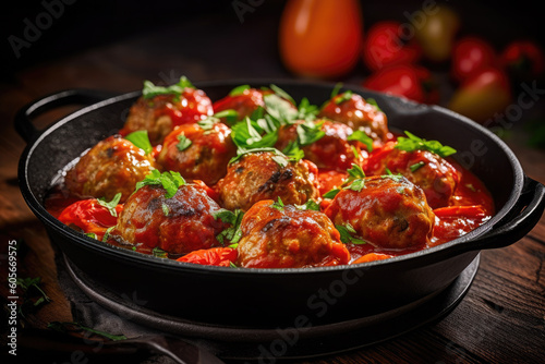Meatballs in tomato sauce with herbs on wooden table. Ai generative