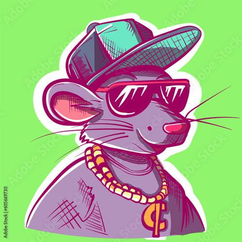 Digital art of a hip hop mouse with a rap hat, gold chain and a pair of sunglasses. Vector of a humanized mouse avatar wearing clothes and accessories.